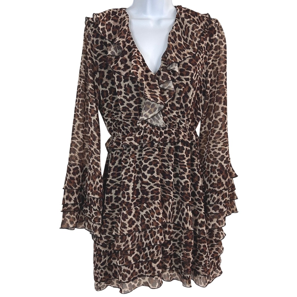 La Dea Leopard Print Ruffle Mini Dress Brown Tan Ruffle Long Sleeve and Hem S/M